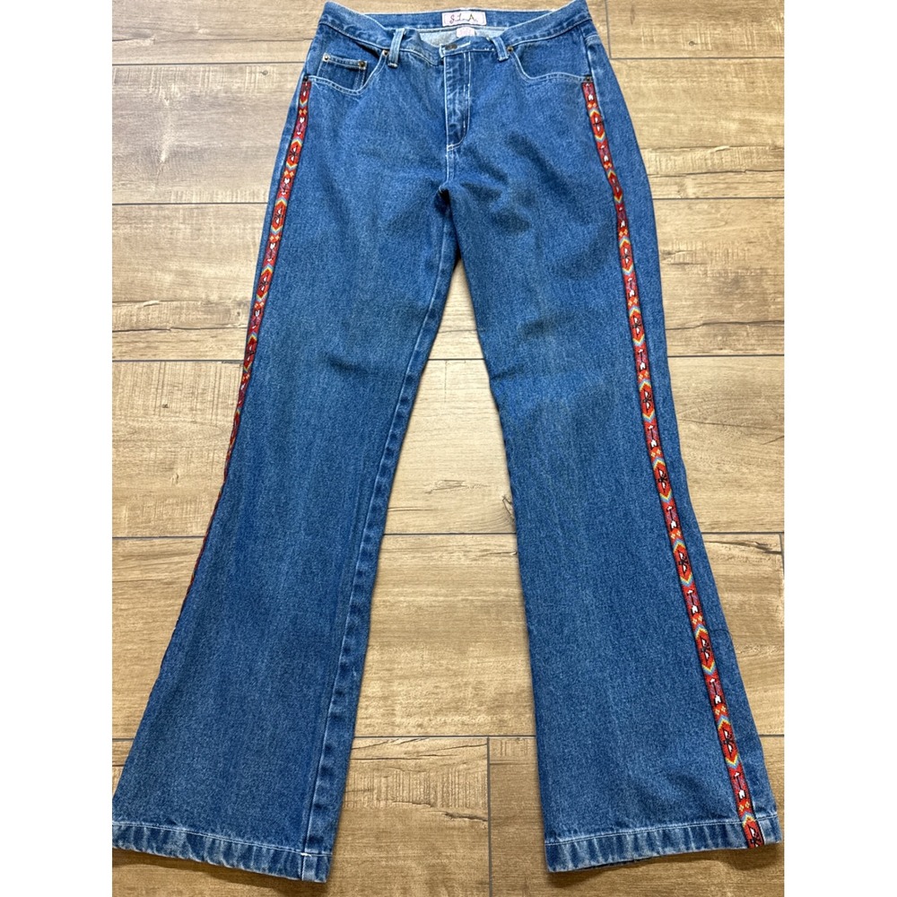 S.L.A. Vintage Denim Jeans Flare Leg Tribal Embroidered Womenswear‎ Y2K
